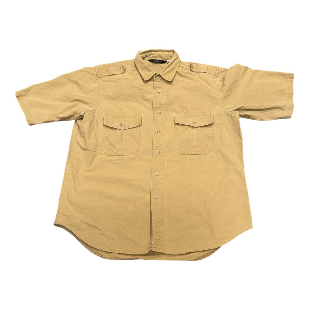 Vintage Woolrich Mens Tan Ripstop Short Sleeve Button Down Shirt Large safari